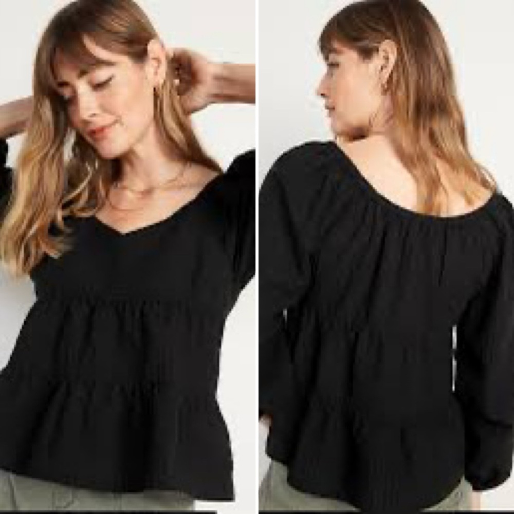 OLD NAVY Seersucker Long Sleeve Tiered Swing Top Black Size XS Peplum Babydoll